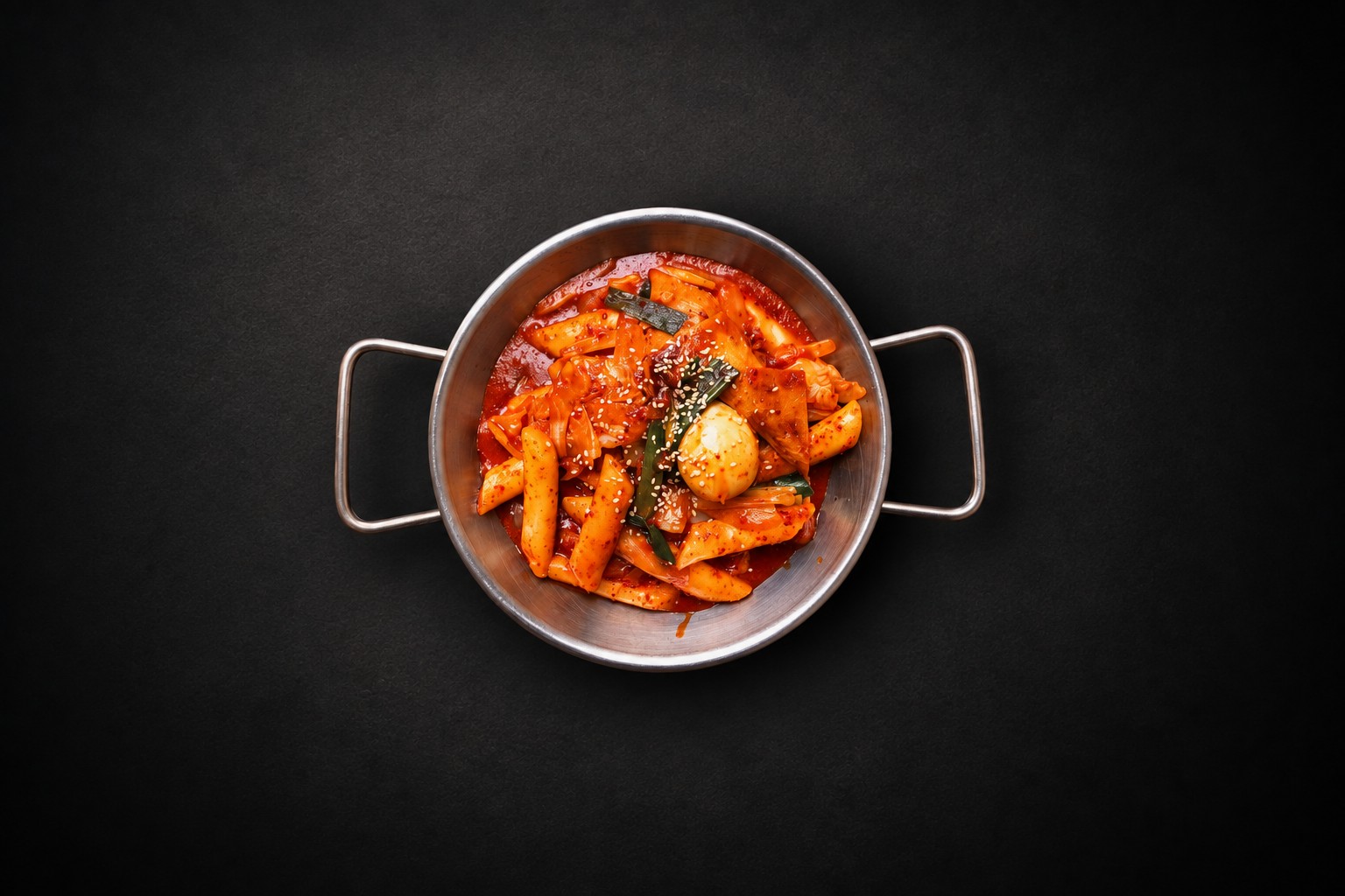 A pan of rice cakes and vegetables in a vibrant red sauce