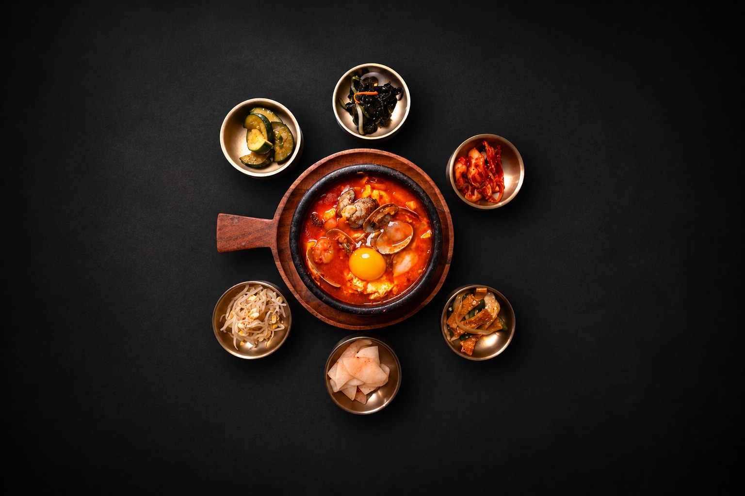 A bowl of red stew surrounded by small side dishes